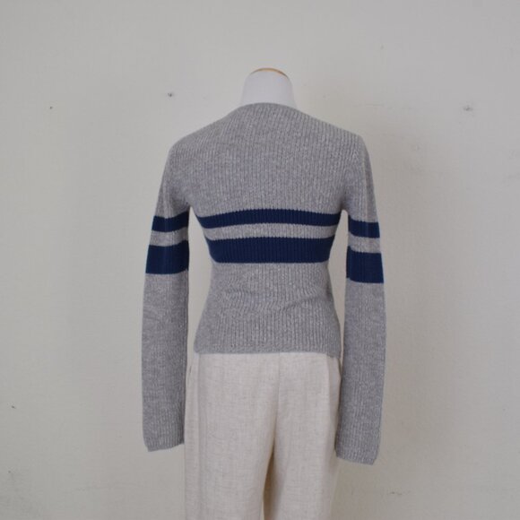 Vintage 90s Gray Striped Acrylic/Cotton V-Neck Crop Sweater Blue Alphast size M - Picture 3 of 10